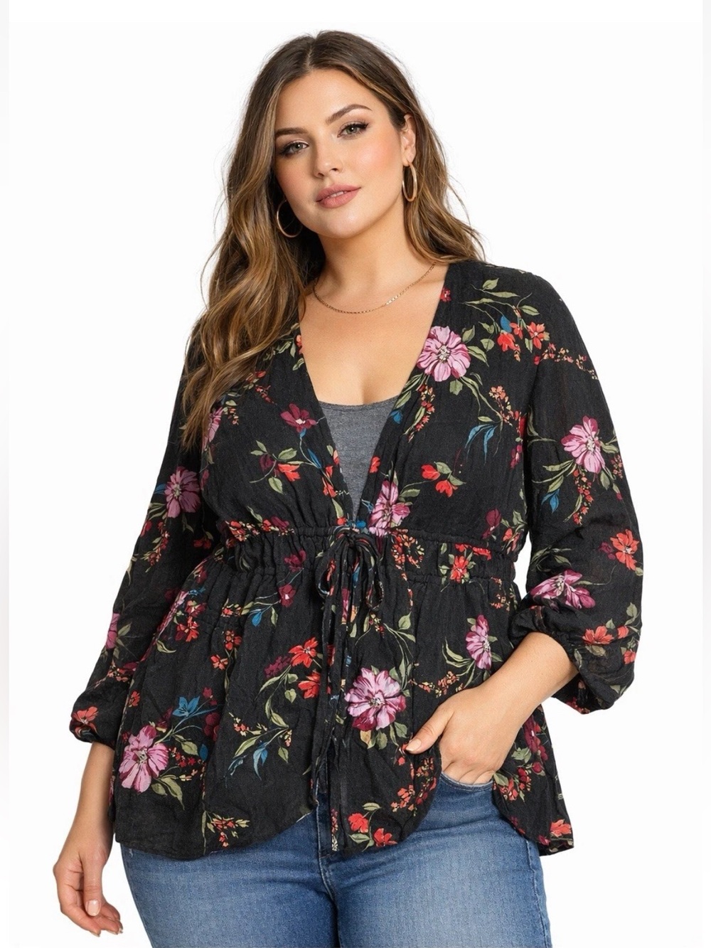 Torrid Tie Front Kimono Top Black Floral 3X